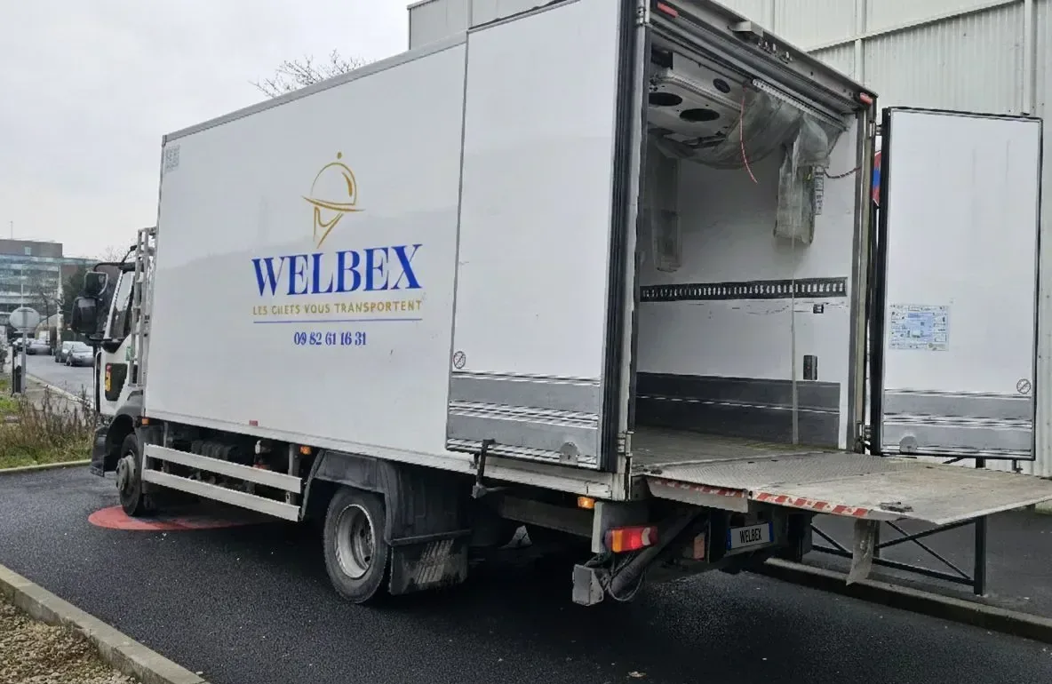 The Welbex refrigerated HGV, box open and tail lift lowered